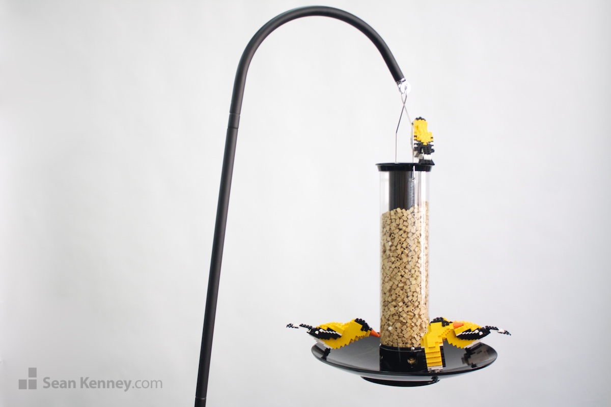 LEGO exhibit - Goldfinches on a birdfeeder