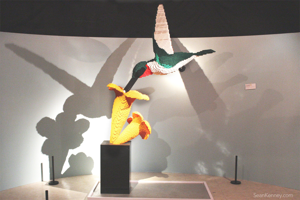 LEGO sculpture - Hummingbird feeding from a Trumpet Flower