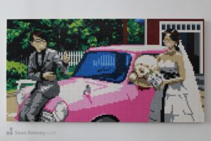 Pink car wedding portrait