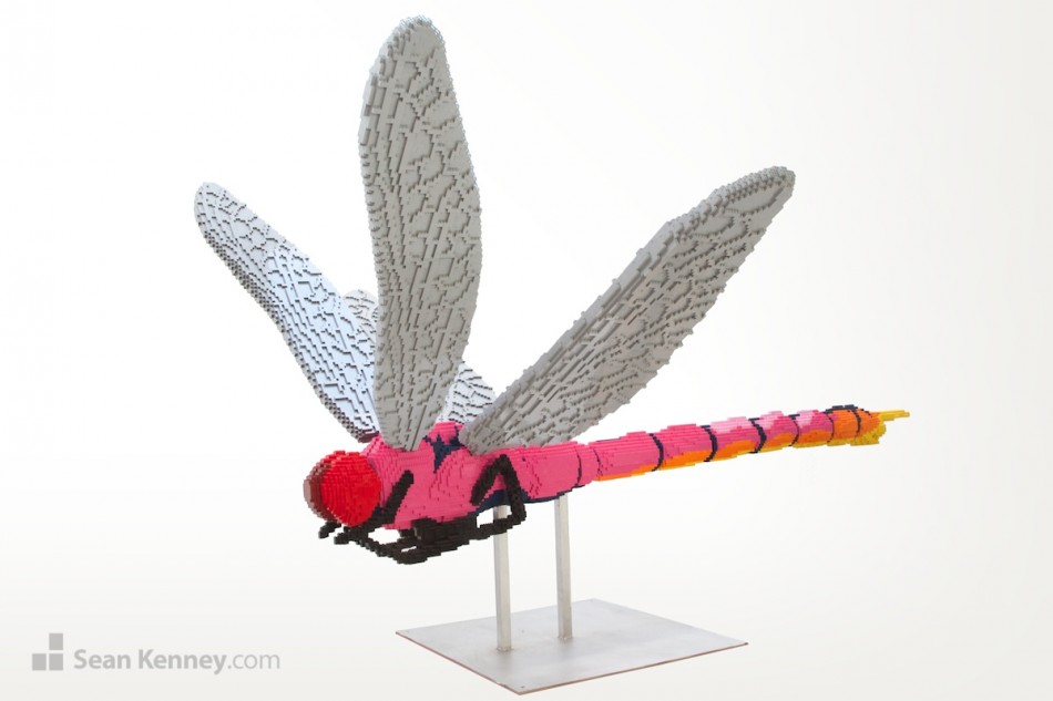 Pink-dragonfly LEGO art by Sean Kenney