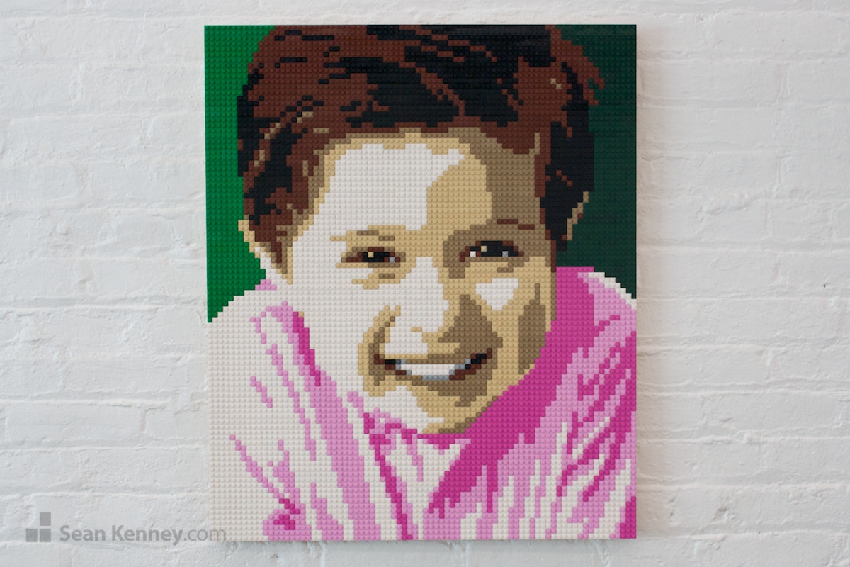 Pink-shirt-boy LEGO art by Sean Kenney