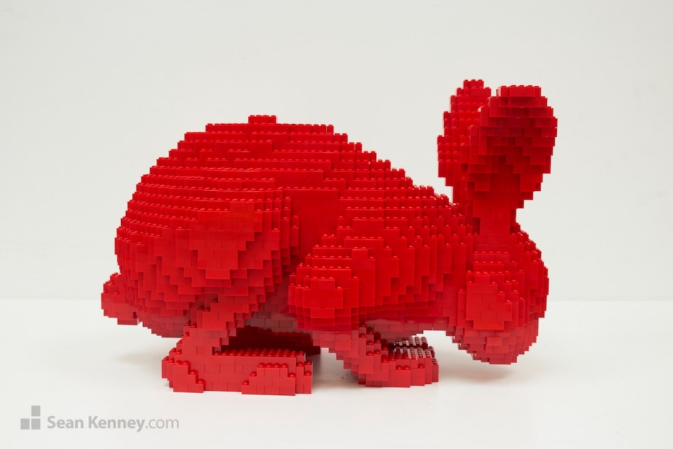 Red-bunny LEGO art by Sean Kenney