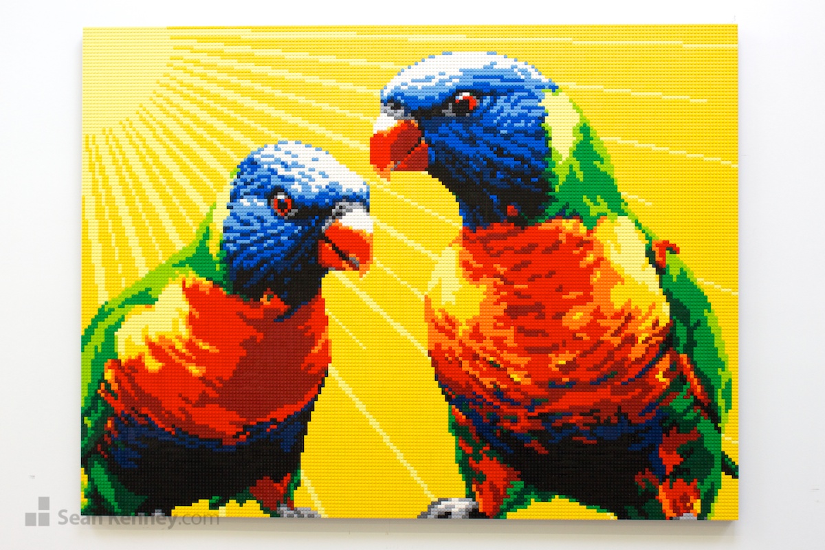 Yellow-parrots LEGO art by Sean Kenney