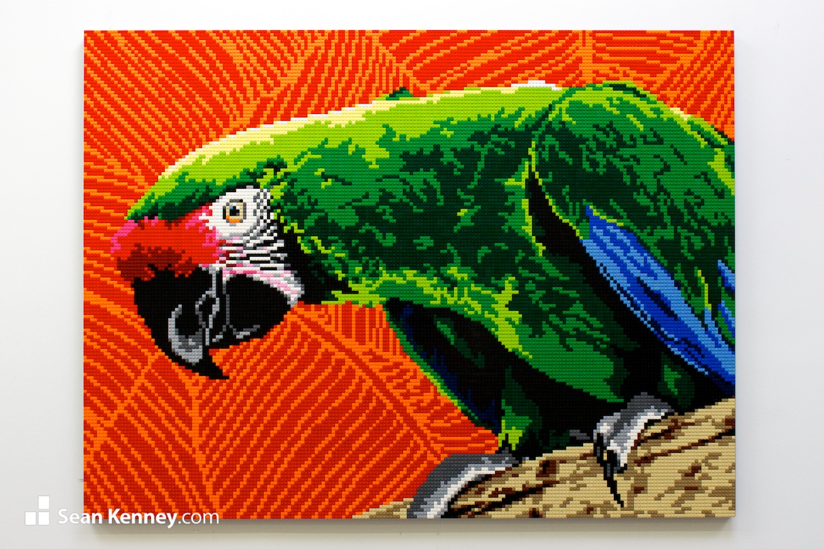 Green-parrot LEGO art by Sean Kenney