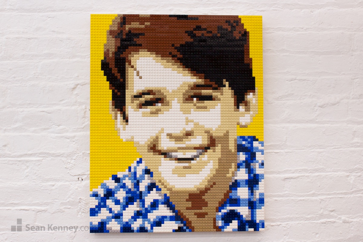 Boy-in-checkered-shirt LEGO art by Sean Kenney