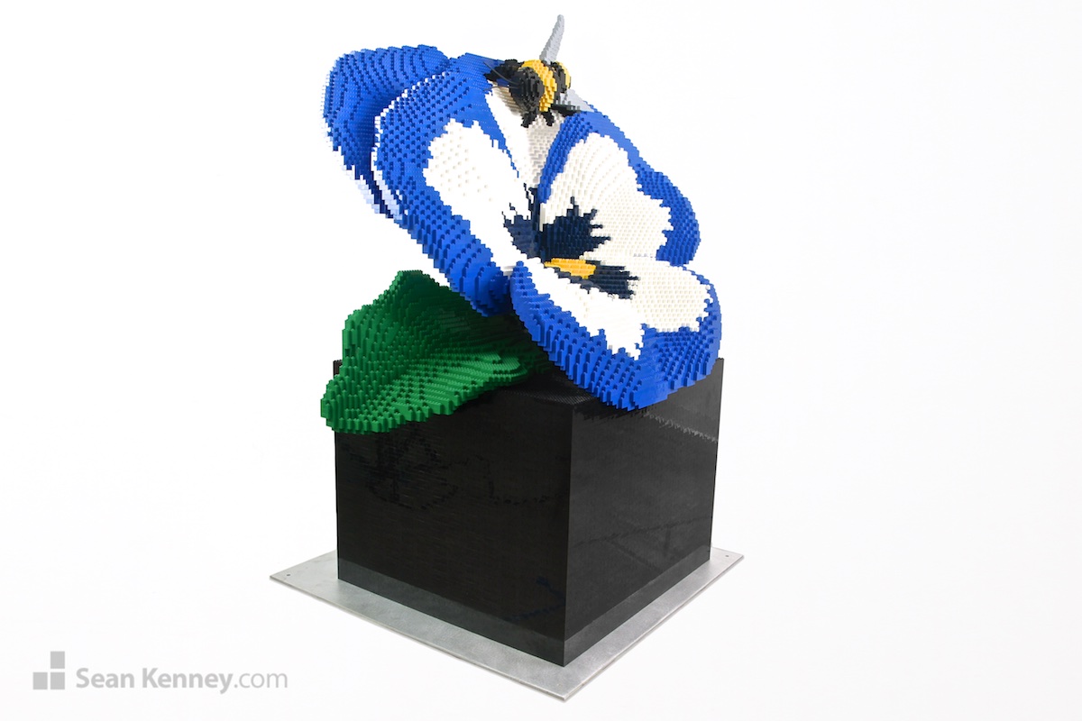 Pansy-and-bee-blue LEGO art by Sean Kenney