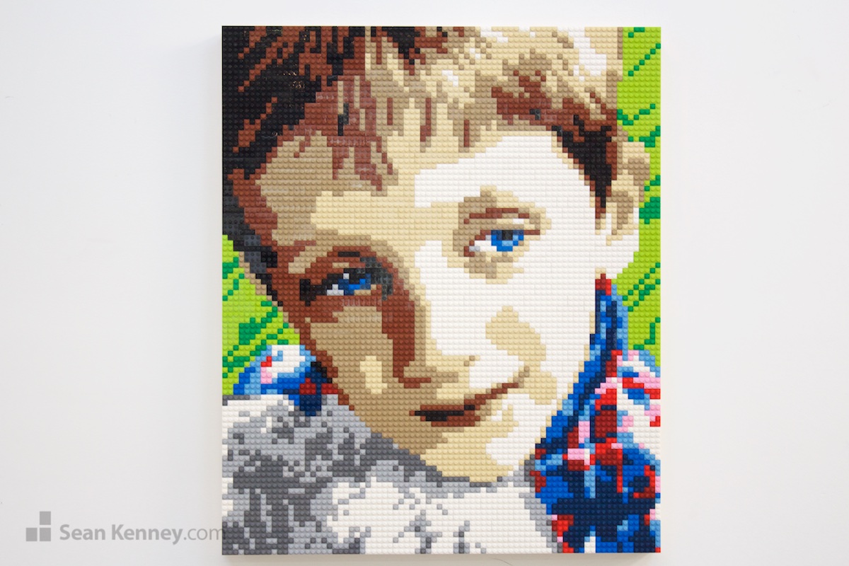 Blue-eyed-boy-in-plaid LEGO art by Sean Kenney