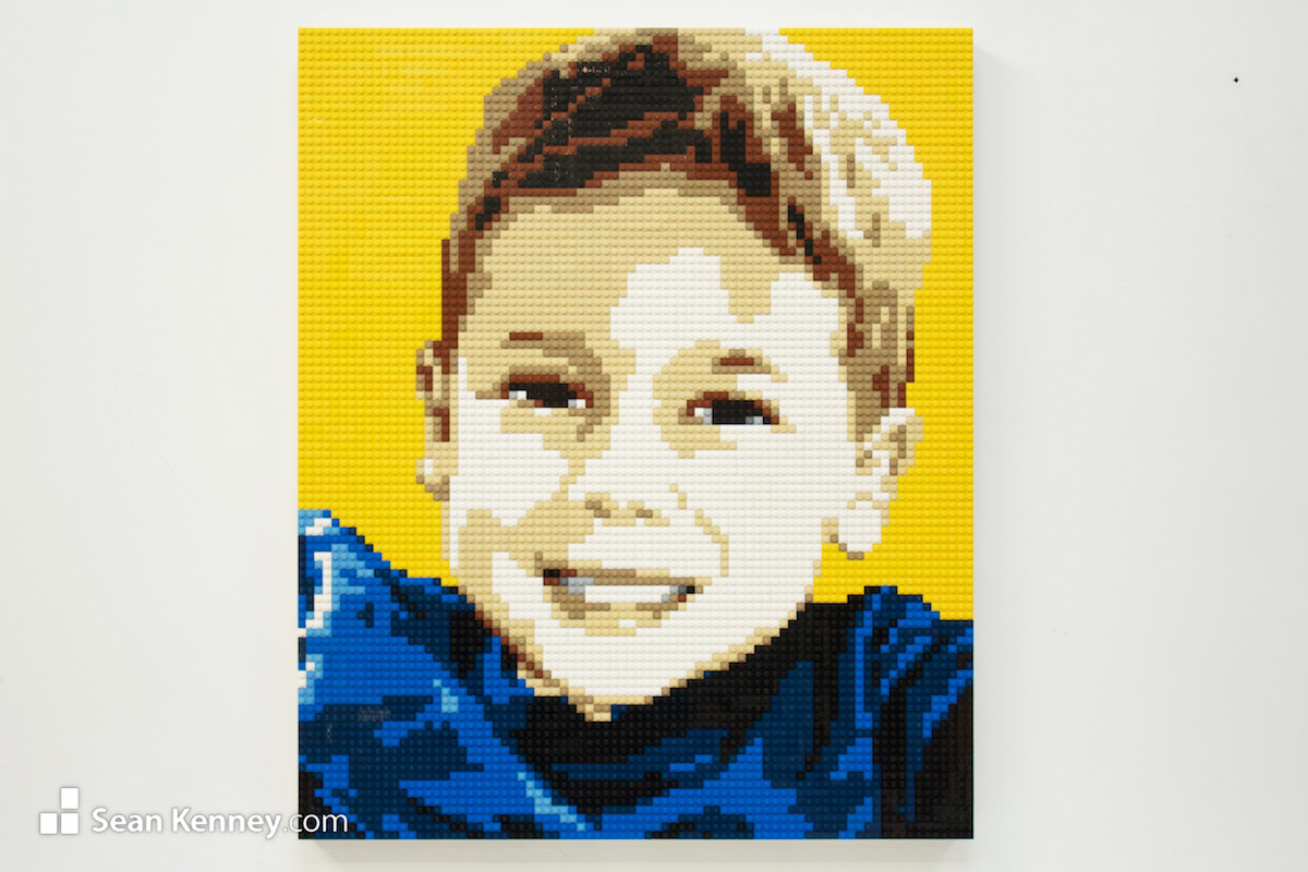 Boy-in-fuzzy-sweater LEGO art by Sean Kenney