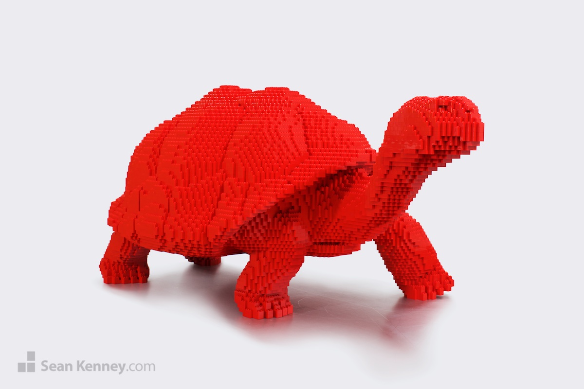 Big-red-tortoise LEGO art by Sean Kenney