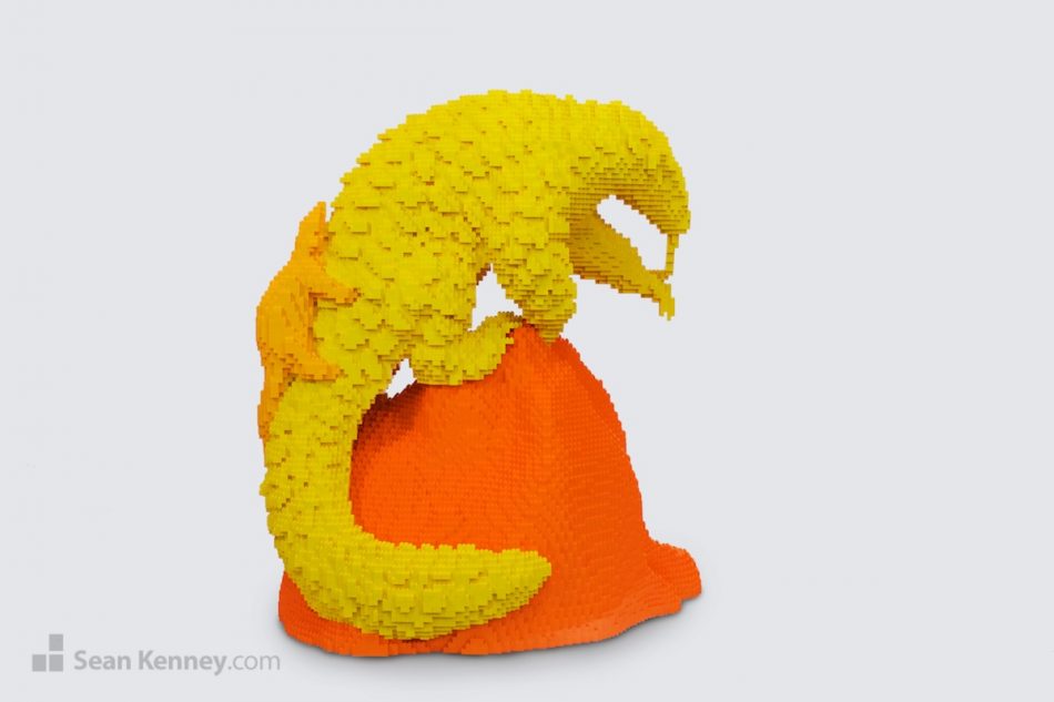 Bright-yellow-chinese-pangolin LEGO art by Sean Kenney