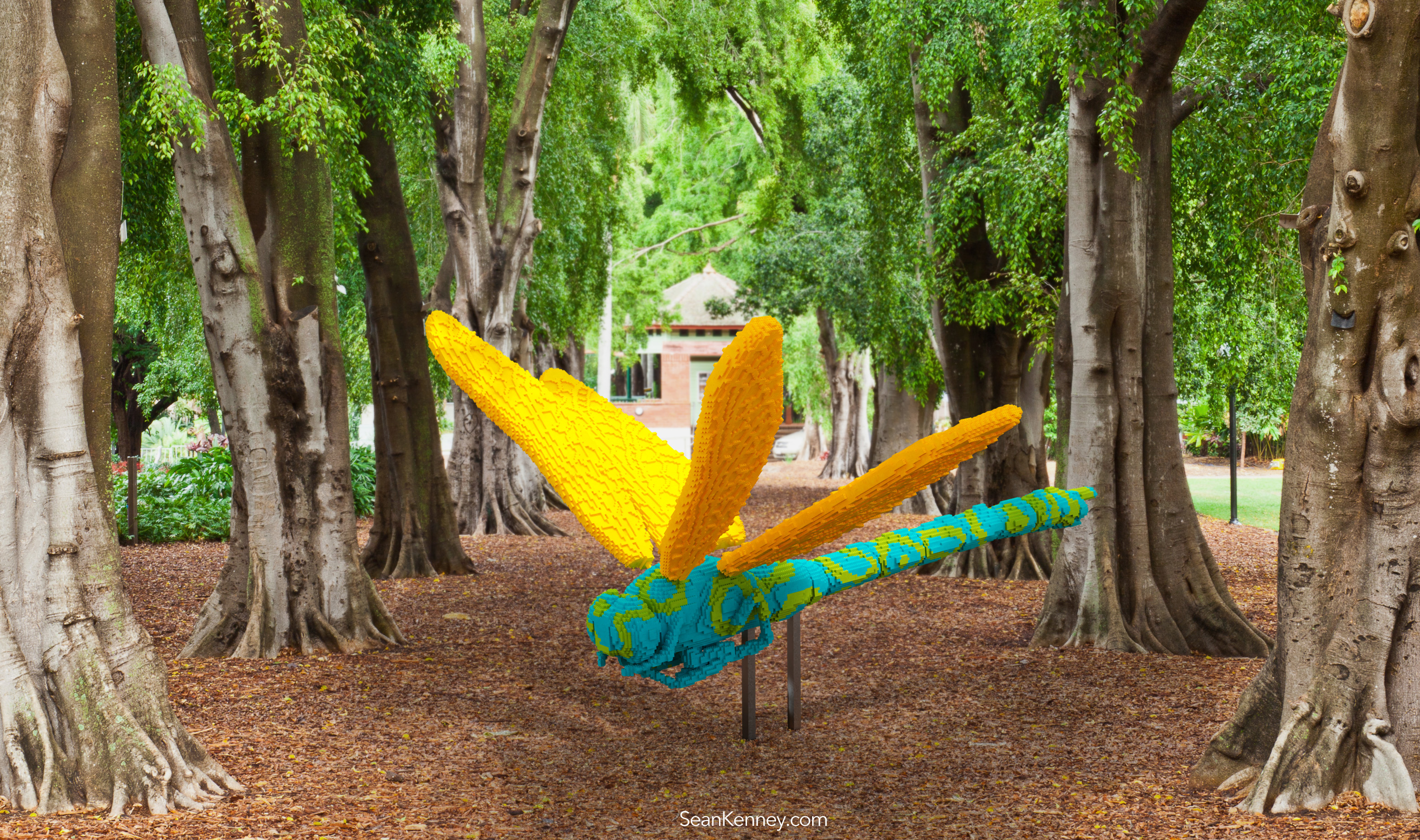 Golden-blue-pop-dragonfly LEGO art by Sean Kenney