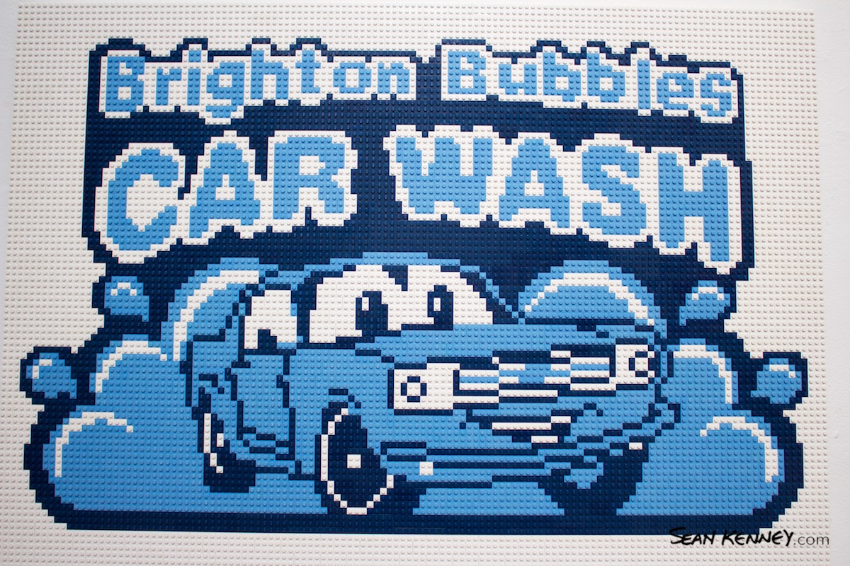 Cartoon-car-wash-mural LEGO art by Sean Kenney
